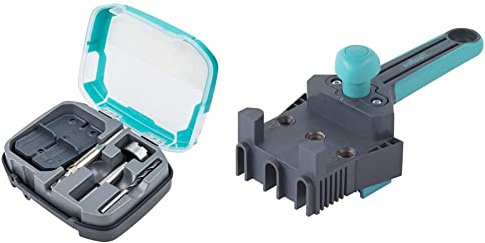 wolfcraft Scharnierloch-Set I 4656000, Ø 35 mm, türkis & Meisterdübler Universal-Dübelhilfe 4640000 / Praktische Dübelhilfe für saubere Eck-, T- und Flächenverbindungen