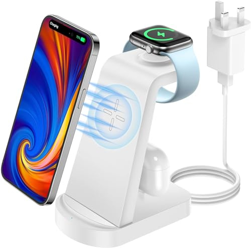 bakibo Induktive Ladestation, Wireless Charger 3 in 1 für iPhone 15/14/14 Plus/14 Pro/13/12/11/X/XS/8, Kabelloses Ladegerät für Apple Watch 8/Ultra/7/6/SE, AirPods 3/2/1/pro (mit Ladegerät), Weiß