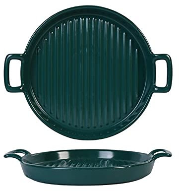 Fuente de Horno Sartenes de Porcelana for gratinado, Bandeja Redonda de cerámica a Rayas, Utensilios for Hornear con Doble asa for Cocina y hogar, Juego de 2 (Verde) Vajilla para Hornear
