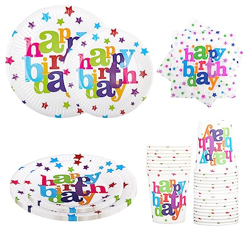 Birthday Party Plates Cups Napkins - Fowecelt 130 pcs Rainbow Party Tableware Paper Plates Cups and Napkins Set for Kids Party Rainbow Birthday Party Supplies Decorations for 30 Guests
