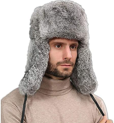 OSMARI Herrenhut aus Kunstfell, Kosakenmütze, Unisex, Winter, russische Fliegermütze, Kunstleder, Pilotenkappe, Wintermütze, Ohrenklappe, Eskimo-Mütze, GRAU L