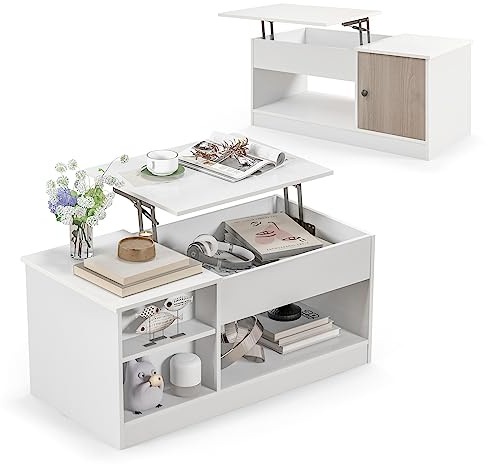 COSTWAY Couchtisch höhenverstellbar, 2 Ebenen Beistelltisch mit offenem Stauraum & Tür, Sofatisch aus Holz, Kaffeetisch für Wohnzimmer & Büro, modern, 100 x 50 x 45 cm