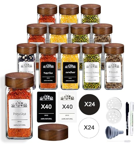 Lot de 12 Pots à Épices de 120 ml Bocaux à Épices, En verre Scellé - Pour Étagère à éÉpices, Porte-épices, Pots à Épices Avec Couvercle en Bois Pour l'organisation de la Cuisine…