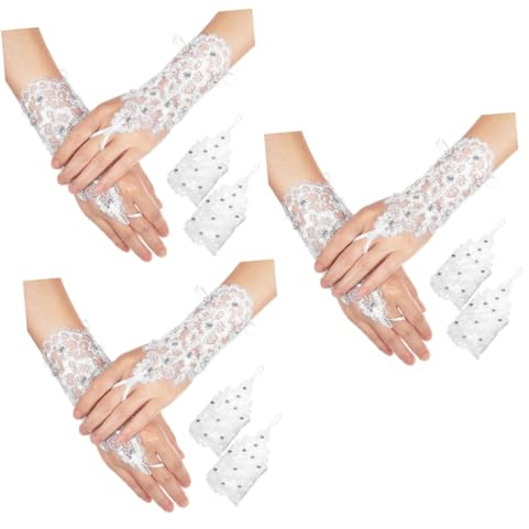 Beavorty 3paare Fingerlose Spitzenhandschuhe Für Damen Mit Blumenstickerei Und Strass Elegante Brauthandschuhe Für Hochzeiten Und Partys Atmungsaktiv Und Bequem Kurze Accessoires Für