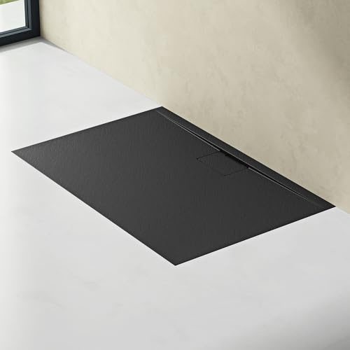 doporro Duschtasse Duschwanne 90x120x3 Mineralguss Anthrazit Ablaufgarnitur | Flache Duschwanne für bodenebene Montage mit DIN-Anschlüssen – stabil & pflegeleicht für moderne Duschen Geoma07 AL06