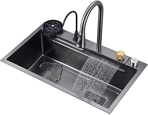 Waschbecken Home Küchenspülen Küchenspüle Edelstahl Raindance Wasserfallspüle Barspüle Graues Nano-Einzelwaschbecken Einzelbecken-Einbauspüle mit ausziehbarem Wasserhahn für Wäsche/Außenbere