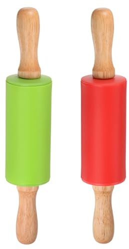 sourcing map Silicone Rolling Pins for Baking 9 Inch Wooden Handle Non Stick Rolling Pin Small Roller Playdough Rolling Pins for Dough Pizza Pastry Fondant Kitchen, Green & Red