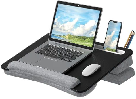 Laptopkissen, PUTORSEN Laptop Knietablett mit Ergonomische Handgelenkauflage, Größere Laptop Kissen für max. 17,3 Zoll Notebook, Höhenverstellbar Laptopunterlage mit Tabletund Telefonhalter (Schwarz)