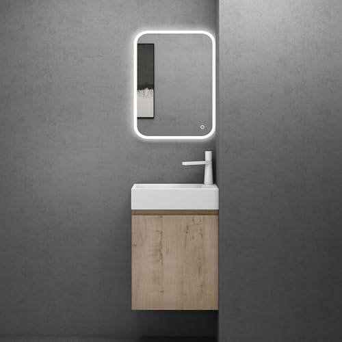 doporro Badmöbel Unterschrank 46 cm Eiche Greige Waschbecken LED-Spiegel | Wandhängendes Badmöbel-Set mit Mineralguss-Waschbecken, LED-Spiegel – platzsparend & pflegeleicht für Gäste-WC Pisa 02