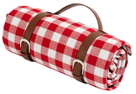 Pesoncarl wasserdichte Picknickdecke mit Tragegriff, Mehrzweck-Strandmatte für Reisen, Camping, rot-weiß kariert, Picknickdecken