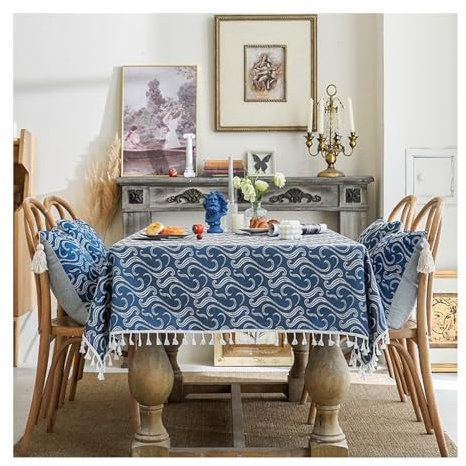 Daesar Tischtuch Outdoor Wetterfest 135x260CM, Tischdecken für Draußen Stickerei Wolken Motiv Nordisch Tischwäsche Tafeldecken Tischdecken Abwaschbar Marineblau