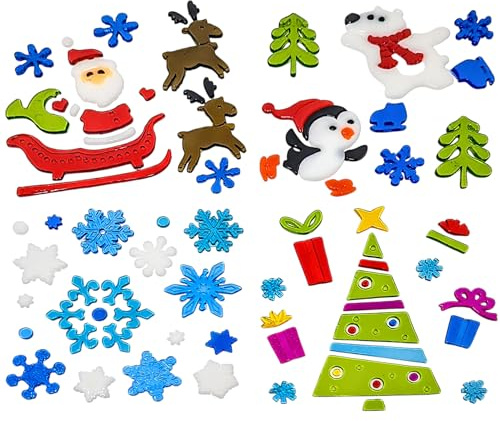 Adesivi Natalizi per Finestre – 4 Fogli di Adesivi in Gel Riutilizzabili | Disegni Slitta di Babbo Natale, Orso Polare, Pinguino e Albero | Decorazioni Natalizie per Finestre, Vetro, Specchi e Porte |