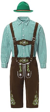 Premium Lederhose Herren Tracht Trachtenhose Kurz Original Trachtenlederhosen Lederhosen Schwarz Grün Lederhosen mit Trachtenhemd Hosenträger Trachtenhut Hosenträger für Oktoberfest Outfit