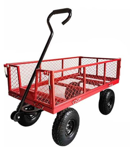 GUAWJRZDP Schubkarre, Gartenwagen Aus Metall, Hochleistungswagen, Nutzwagen Mit 4 Aufblasbaren Rädern, Abnehmbarer Gartenschubkarrenwagen, for Rasen, Gartenarbeit, Erde, Ziegel(Rosso)