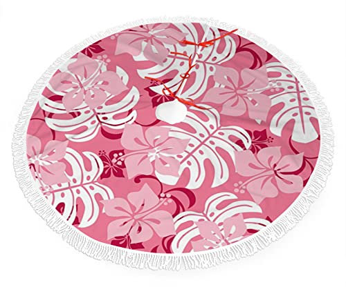Tema de verano, falda de árbol de Navidad, cordones de Navidad con decoraciones de borlas, plantas de hojas de flores de hibisco, suministros de fiesta de Navidad, adorno de árbol, blanco y rosa, 36