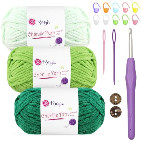 Chenille-garn Tjockt, fluffigt babyfilt-garn 3 x 50 g mjuk ull virkad krok Amigurumi för nybörjare (grön-3)
