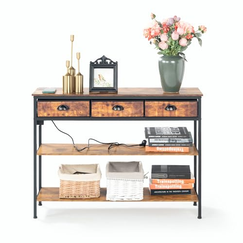 FurnitureR Table console avec prises de courant et ports USB, centre de divertissement avec 3 tiroirs et étagère de rangement, table d'entrée pour salon, couloir, marron