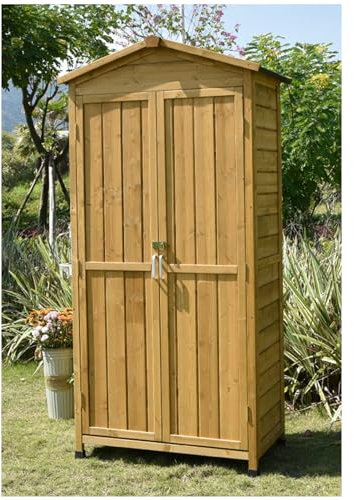 Weatherproof Vertical Outdoor Storage Shed for Bikes Garbage Cans Lawn Mower and Garden Tools Waterproof Roof 71.2in Tall Brown