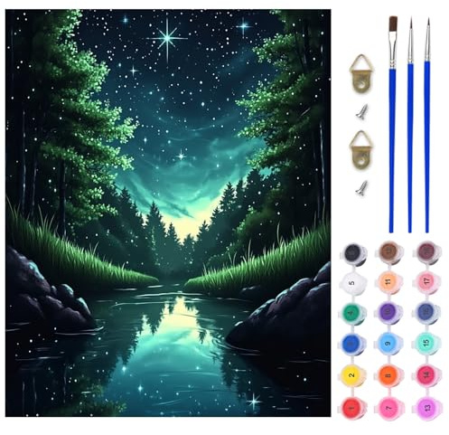 AIRDEA Bosque sereno Pintar por Numeros Adultos, DIY Pintura por Numeros Adultos, Noche estrellada Paint By Numbers Adult Pintura al óleo de Lienzo con Pinceles Pigmento Acrílico 40x50 cm (Sin Marco)