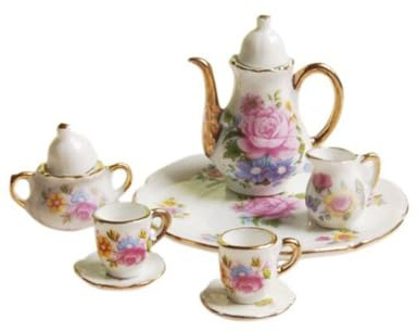 Juego de 8 Tazas de té de cerámica en Miniatura, Escala 1:12, de Porcelana, con Estampado Floral y Detalles Dorados, para casa de muñecas, Accesorios de Cocina, Taza de té de Porcelana.