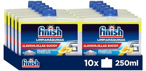 Finish Limpiamáquinas - Limpieza higiénica para el lavavajillas contra el mal olor, la cal y la grasa, líquido, aroma Limón, Pack de 10 unidades de 250ml