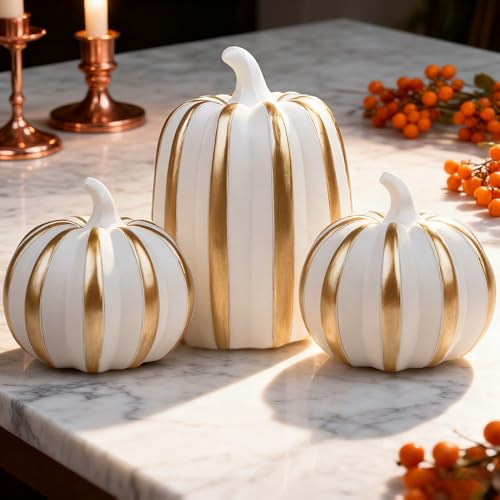 Songjum Lot de 3 statues de citrouille en résine pour décoration de Thanksgiving, décorations de Thanksgiving, citrouilles blanches et dorées à paillettes pour centre de table pour ferme, cadeau