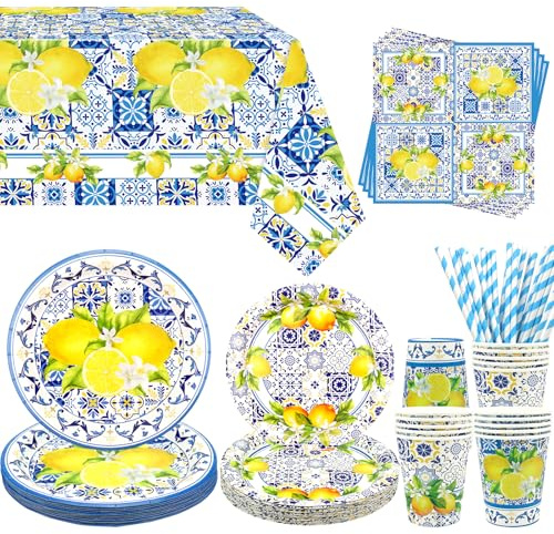 Obussgar Capri Lemon Party Decoration - Capri Lemon Birthday Party Tableware Supplies Includes Plates, Cups, Napkins, Tablecloth, Straws - Serves 20