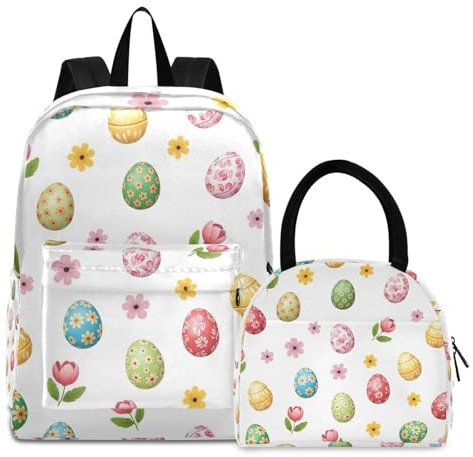 RPLIFE Bookbag - Lonchera impermeable suave y fresca, mochila con bolsa de almuerzo, huevos de Pascua coloridos, flores, color blanco