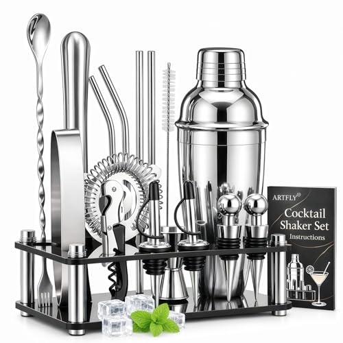ARTFLY Cocktail Shaker Set, 18-Piece Bartender Kit with Acrylic Stand, 18/8 Stainless Steel Bar Set with Martini Shaker, Jigger, Muddler & Recipe Book for Home Bar
