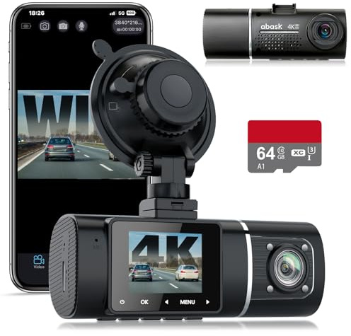 Abask Dash Cam Auto, Wifi 4K Dashcam con Fronte e Interno Telecamera Auto con Scheda SD 64G, Visione notturna, Controllo delle app, 310 gradi, Monitor di parcheggio, G-Sensor, Registrazione in Loop