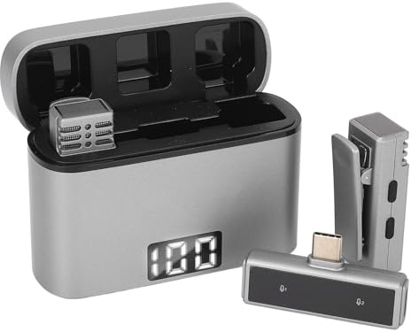 ASHATA Microfono Lavalier Ricaricabile, Microfono Wireless con e Custodia di Ricarica, Cancellazione Intelligente del Rumore, Tipo C, per, PC, Registrazione Video, Interviste,