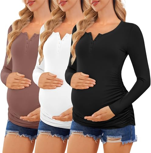 Ekouaer Women 3 Pack Maternity Shirts Long Sleeve Pregnancy Tops Button Down Postpartum Tees Scoop Neck Pregnant T Shirts Black + White + Brown L