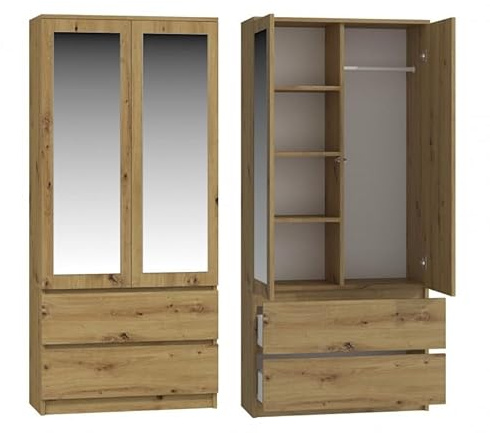 CDF Kleiderschrank 90 cm Breit Kinderkleiderschrank 2-türiger Allzweckschrank Mit Spiegel 2 Schubladen 4 Regalen 1 Kleiderstange Schlafzimmer Laminierte Platte 16mm Mehrzweckschrank Eiche Artisan
