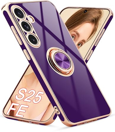 Jusy for Samsung Galaxy S25 FE Case, with 360° Rotating Ring Magnetic Stand, Luxurious Gloss Finish and Electroplating Shockproof Protective Phone Cover Case, Deep Purple