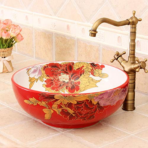 GLETSF Bathroom Sink, Countertop Basin Peony Pattern Jingdezhen Art Hand-Painted Ceramic Washbasin Material
