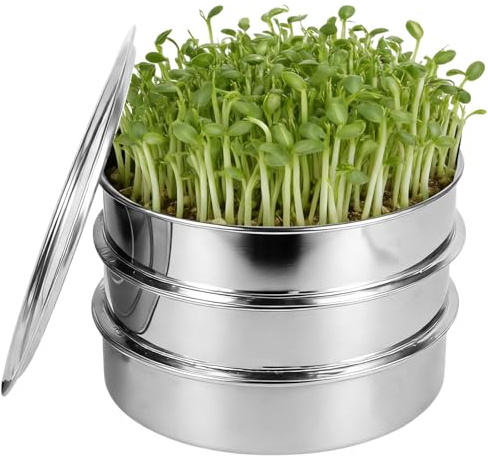 Edelstahl Keimschale Set 21.6 x 21.6 cm Große Anzuchtschalen für Sprossen Kressesamen und Microgreens Edelstahl Sprossen Anzuchtset mit 2 Keimschalen Abtropfschale und Deckel