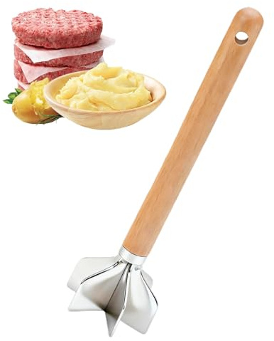 Schiacciare carne macinata - Tritatutto alimentare con manico in legno - da cucina resistente, per casa, ristorante, carne, verdure, patate, pollo, manzo, noci,