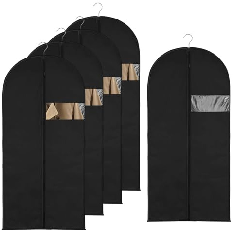 5 Stück Kleidersack 120 x 60 cm, Atmungsaktive Anzugtasche Kleidersäcke mit Reißverschluss Faltbare Kleiderhülle Verdickte Staubschutzhülle für Anzüge Mäntel Abendkleider(Schwarz)