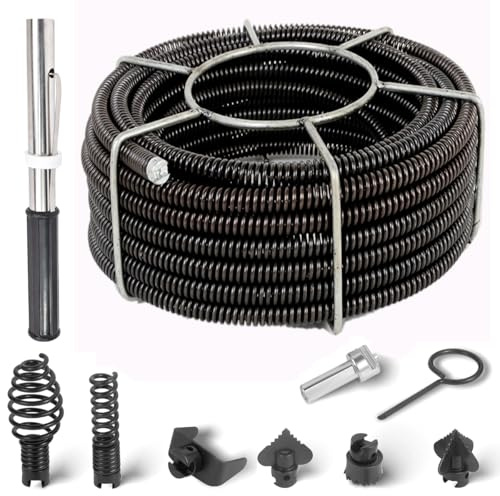 65.6 Feet x 5/8 Inch Drain Cleaning Cable with 6 Cutters, Drill Shank/Drill Connecting Shaft & Cable Feeder for 0.8 to 4.0 Pipes, Hollow Core Sewer Auger Cable