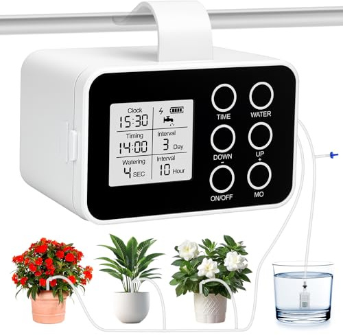 ZWOOS Riego Automático, Sistema De Riego Automático con Temporizador, 20 Goteros & Manguera 15M, Batería 2000mAh, USB-C, Kit De Riego Por Goteo para Huerto Elevado, Invernadero & Plantas