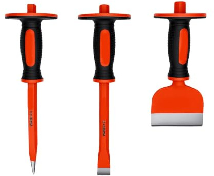 Fafeicy Juego de 3 Cinceles de Mampostería Resistentes con Protector de Mano, Punta Plana de 12 Pulgadas y Cinceles para Ladrillos de 8,5 Pulgadas para Demoler Trabajos de Concret