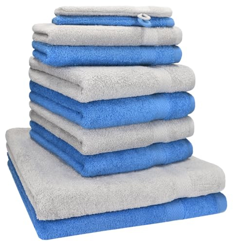 Betz Premium Frottier Handtuch-Set 10-teilig - 2X Duschtücher - 4X Handtücher - 2X Gästetücher - 2X Waschhandschuhe Farbe Hell Blau & Silber Grau