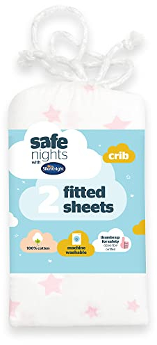 Silentnight Safe Nights Fitted Sheet - Crib Mattress - Breathable 100% Cotton Jersey – Super Soft Kind to Baby Skin - 90x40cm - Secure Fit with Elasticated Corners - 2 Pack, Pink Stars