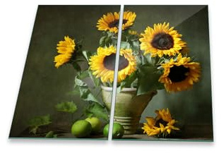 Herdabdeckplatte Abdeckung Ceranfeld Abdeckplatte Schneidebrett 2-Teilig 60x52 Sonnenblume Spritzschutz Glasplatte Ceranfeldabdeckung Schutz Herdschutz Sicherheitsglas Glasschneidebrett 2x30x52