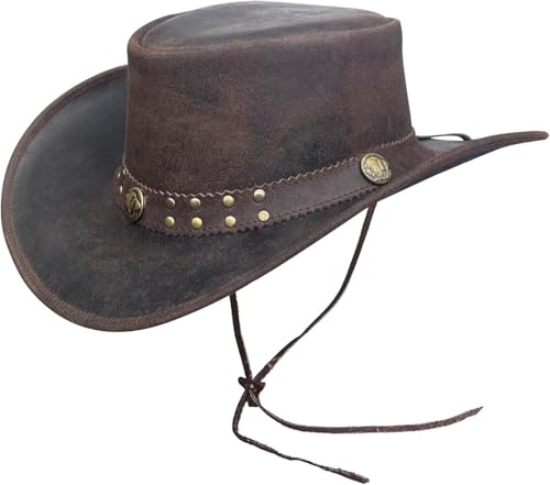 Brandslock Sombrero vintage negro y marrón de ala ancha estilo australiano para hombre, Marrón, XXL