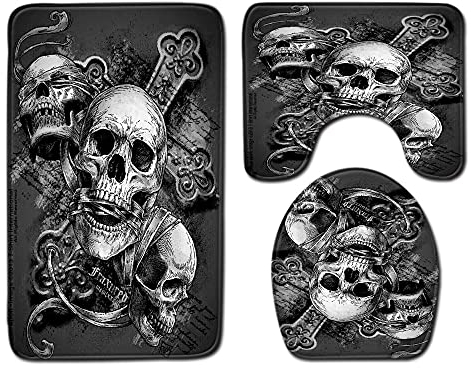 YYCFB rutschfeste Badematte, 3-teiliges Flanell-Badezimmerteppich-Set, Totenkopf-Tag der Toten, Gothic, weicher WC-Vorleger, rutschfeste Duschmatte und WC-Vorleger-Set