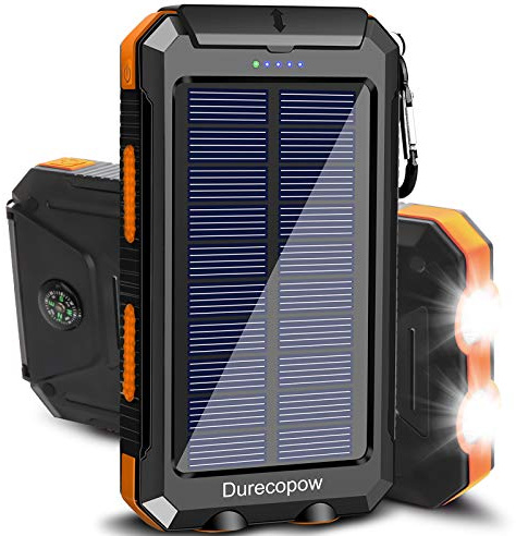 Durecopow Chargeur solaire, 20 000 mAh, portable, étanche, pour l'extérieur, batterie de secours externe, double ports USB 5 V, 2 lampes LED avec boussole (orange)