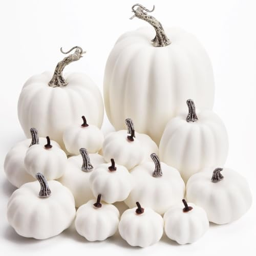 DomeStar Künstliche weiße Kürbisse, Verschiedene Größen, künstliche rustikale Ernte-Kürbisse, Bauernhaus-Kürbisse für Halloween, Erntedankfest, Herbstsaison, Erntedekorationen, 16 Stück