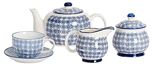 Nicola Spring 15pc Tea Set - Navy - 6-Person Dining Set Hand Printed Floral Pattern Teapot Teacups & Saucers Sugar Storage Pot and Milk Jug for Breakfast, Lunch, Tea Parties | Stoneware Teapot, Tea Cups & Saucers, Sugar Bowl and Milk Jug for Breakfast, Lunch and Tea Parties