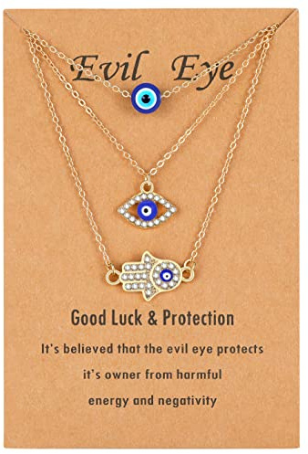 Baydurcan Lot de 3 colliers délicats contre le mauvais œil et Hamsa avec pendentif main bleue turque, 16.5 inches, Métal, Zircon